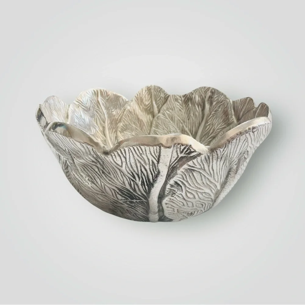 Pewter Salad Serving Bowl Lettuce Leaf Pattern Garden Cabbage Bowl Very Heavy!